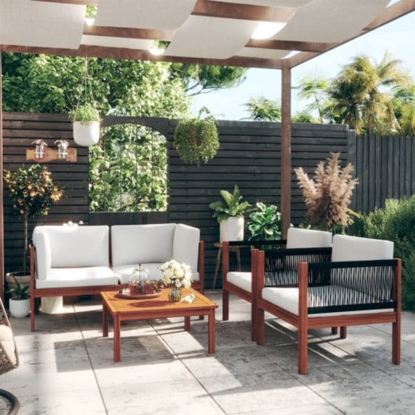 Loungegrupp för trädgården med dynor gräddvit 5 delar akaciaträ