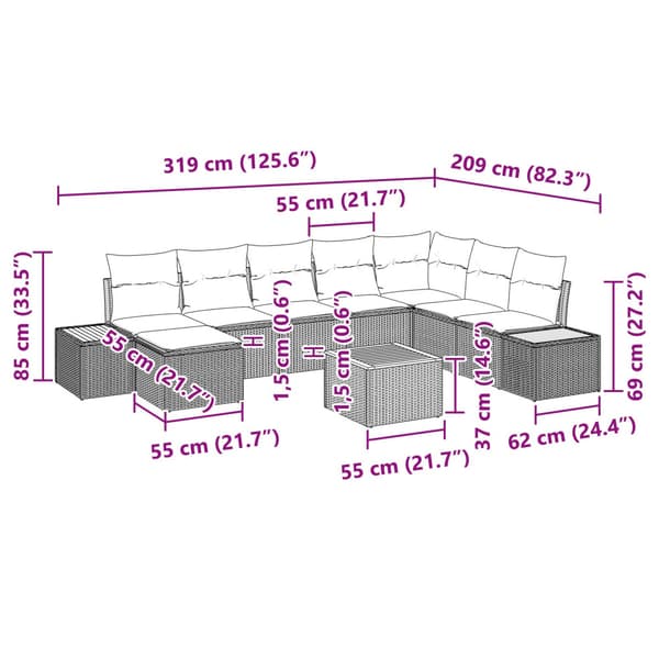 Trädgårdsoffset med kudde 9 pcs Beige Poly rattan