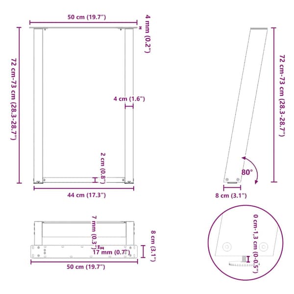 Matbordsben U-formade 2 st antracit 50x(72-73) cm stål