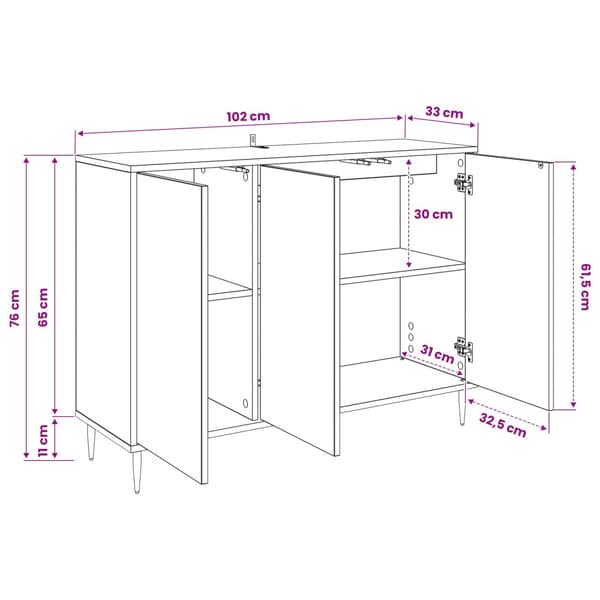 Sideboard HEESCH Sonoma-ek 102 x 33 x 75 cm Konstruerat trä