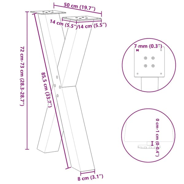 Matbordsben X-formade 2 st antracit 50x(72-73) cm stål