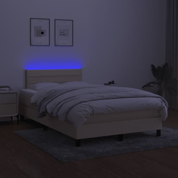 Ramsäng med madrass & LED gräddvit 120x200 cm tyg