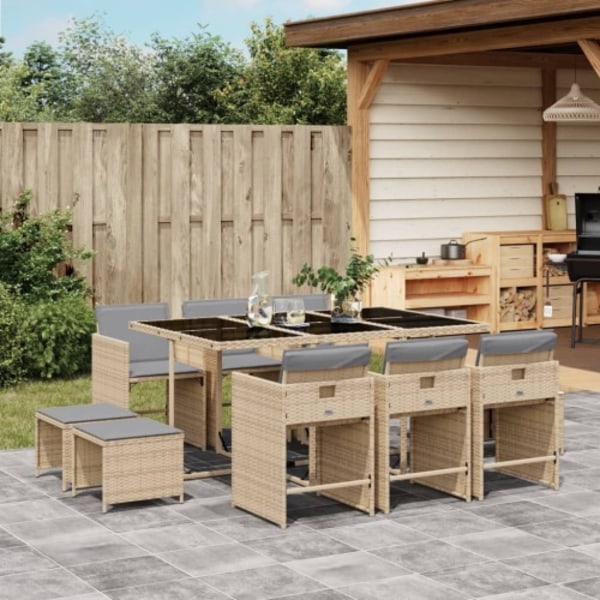 Matgrupp för trädgården med dynor 11delar mixbeige konstrotting