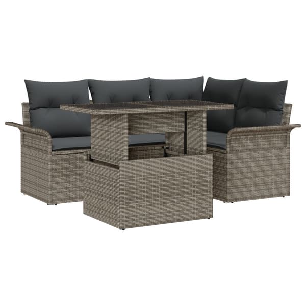 Trädgårdsoffset med kudde med lagring 5 pcs Grå Poly rattan
