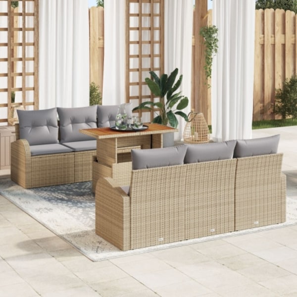 7-delars trädgårdsssofa set med kuddar beige poly rattan