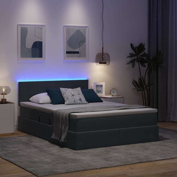 Förvaringssäng med LED med lagring Mörkgrå 140 x 190 cm Sammet