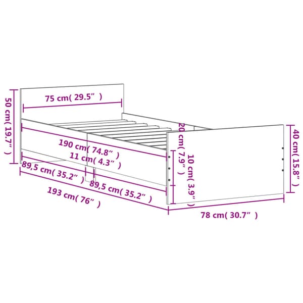 Sängram vit 75x190 cm liten enkelsäng konstruerat trä