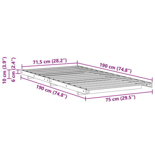 Sängram Vit 75 x 190 cm Massiv furu