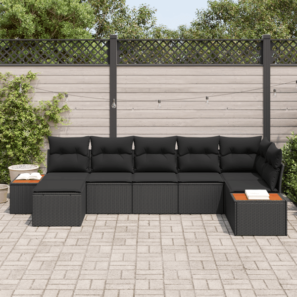 Trädgårdsoffset med kudde 7 pcs Svart Poly rattan