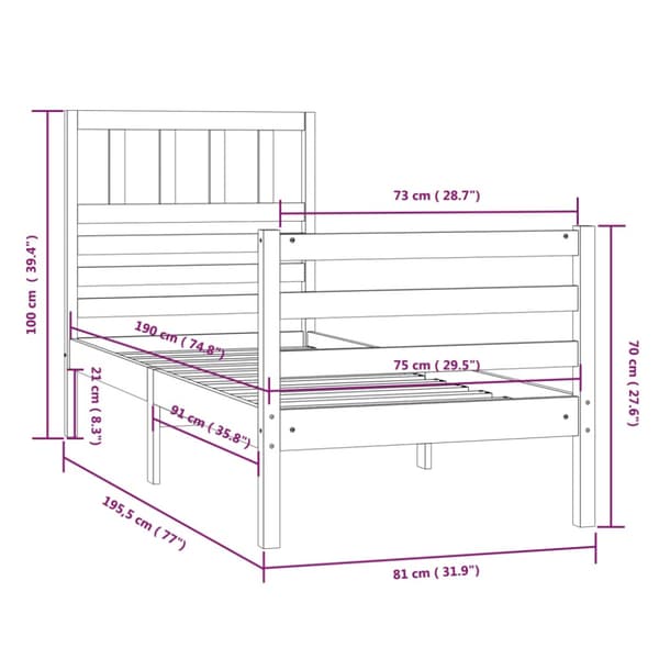 Sängram massivt trä 75x190 cm vit