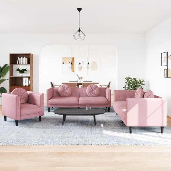 Soffgrupp med dynor 3 delar rosa sammet