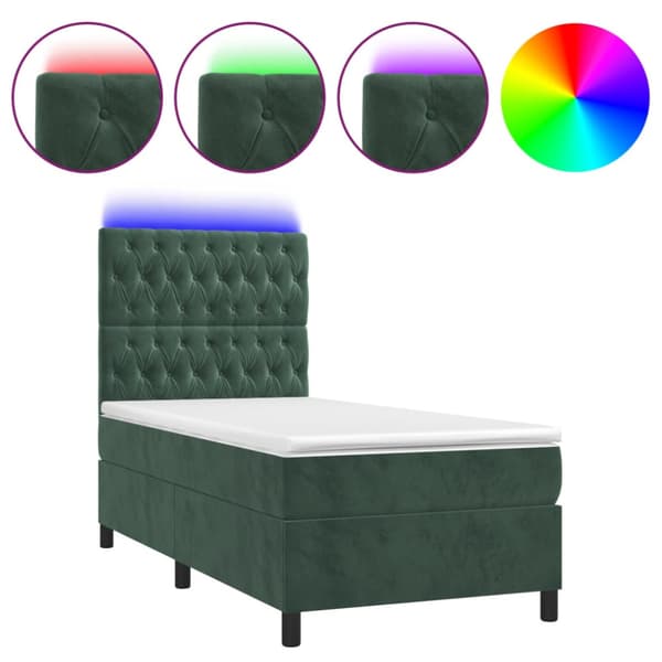 Ramsäng med madrass & LED mörkgrön 100x200 cm sammet