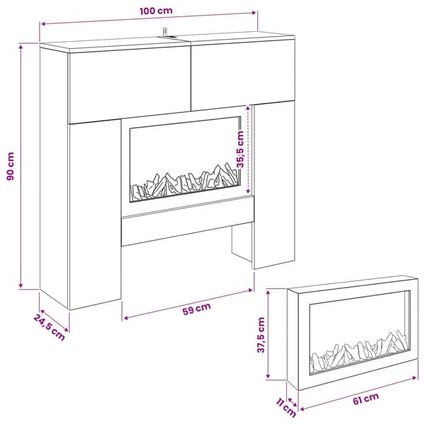 Elektrisk eldstad Svart ek 100 x 24,5 x 90 cm Konstruerat trä