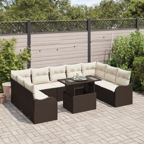 Trädgårdsoffset med kudde 10 pcs Brun Poly rattan