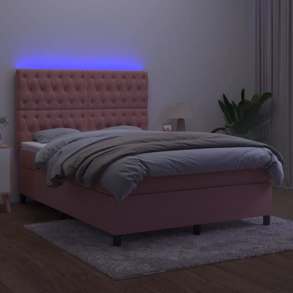 Ramsäng med madrass rosa & LED 140x190 cm sammet