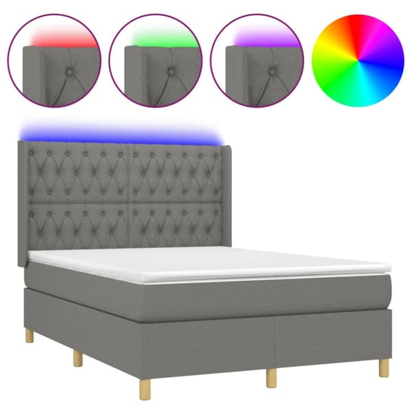 Ramsäng med madrass & LED mörkgrå 140x190 cm tyg