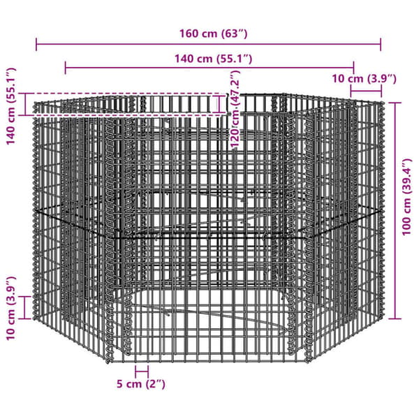 Hexagonal planteringsgabion upphöjd 160x140x100 cm