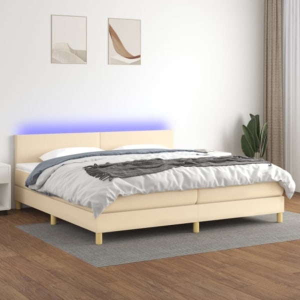 Ramsäng med madrass & LED gräddvit 200x200 cm tyg