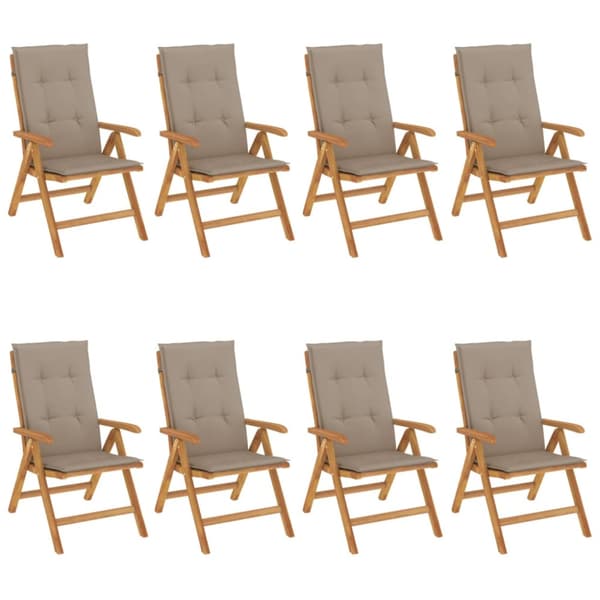 Fällbara fåtöljer med dynor, 8 st, massivt trä, teak