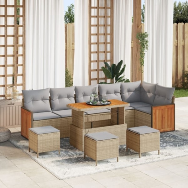 10-delat Trädgårdssoffset med Kuddar Beige Poly Rattan Akacia