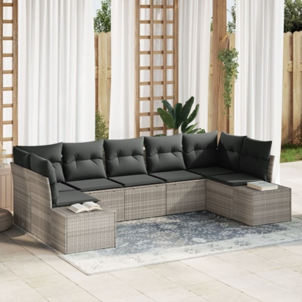7 Delar Trädgårdsofa Set med Kuddar Ljusgrå Poly Rattan