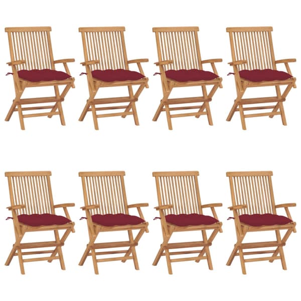 Trädgårdsstolar med vinröda dynor 8 st massiv teak
