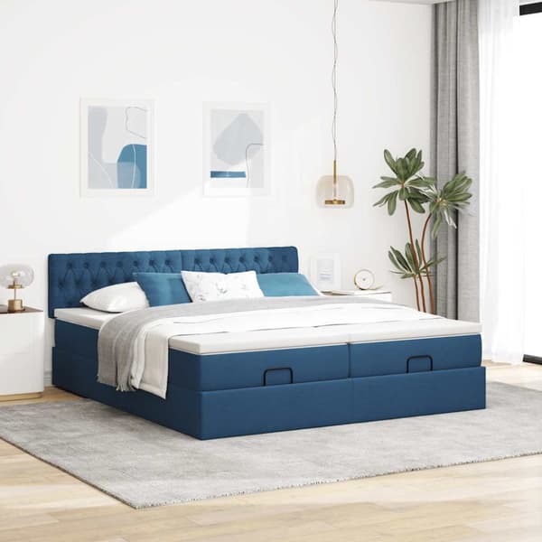 Ottoman sängram med madrasser blå 200x200 cm tyg