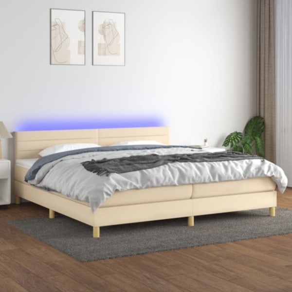 Ramsäng med madrass & LED gräddvit 200x200 cm tyg