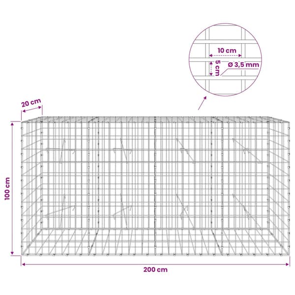Gabion med 3,5 mm tråd och 5x10 cm nät 200x20x100 cm