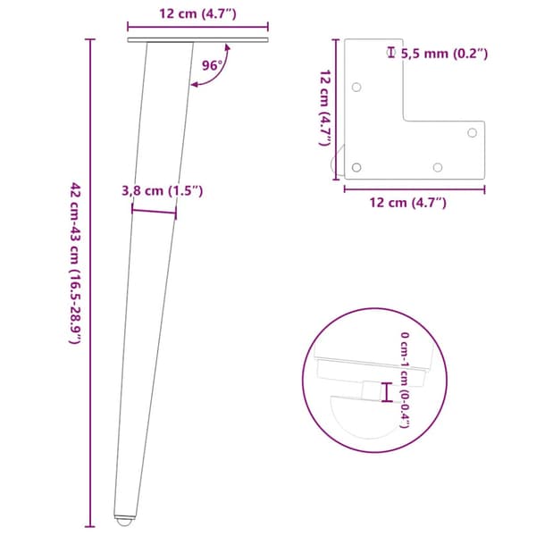 Soffbordsben koniska 4 st svarta 42-43 cm stål