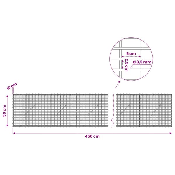 Gabion med 3,5 mm tråd och 5x2,5 cm nät 450x10x50 cm