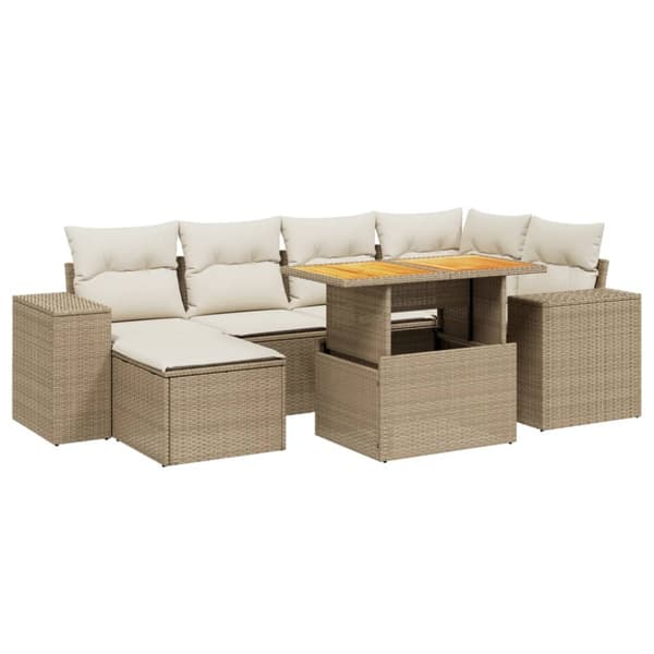 Matgrupp för trädgården med dynor 7 delar beige konstrotting