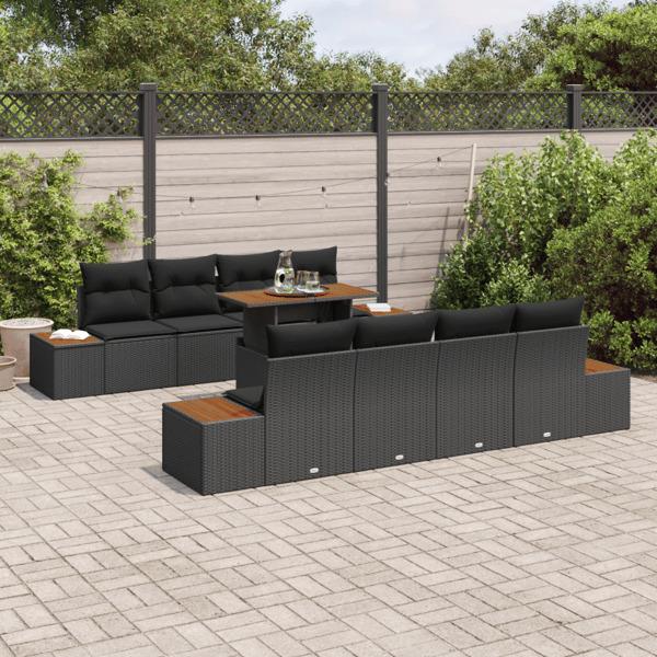 Trädgårdsoffset med lagring 9 pcs Svart Poly rattan