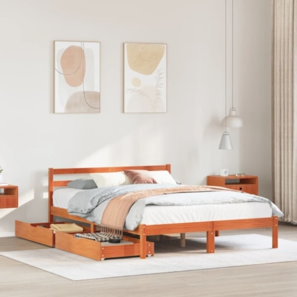 Sängram utan madrass vaxbrun 140x190 cm massiv furu