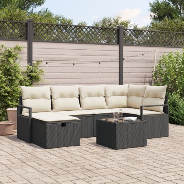 7 Delars Trädgårdsofa Set med Dynor Svart Poly Rattan
