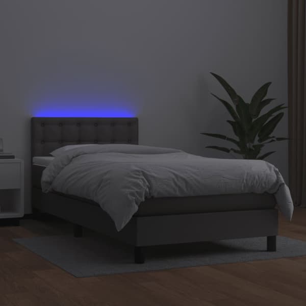 Ramsäng med madrass & LED grå 90x190 cm konstläder