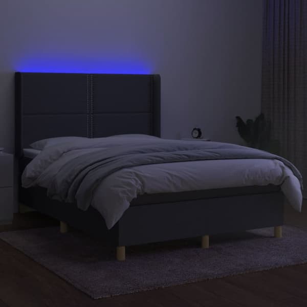 Ramsäng med madrass & LED mörkgrå 140x190 cm tyg