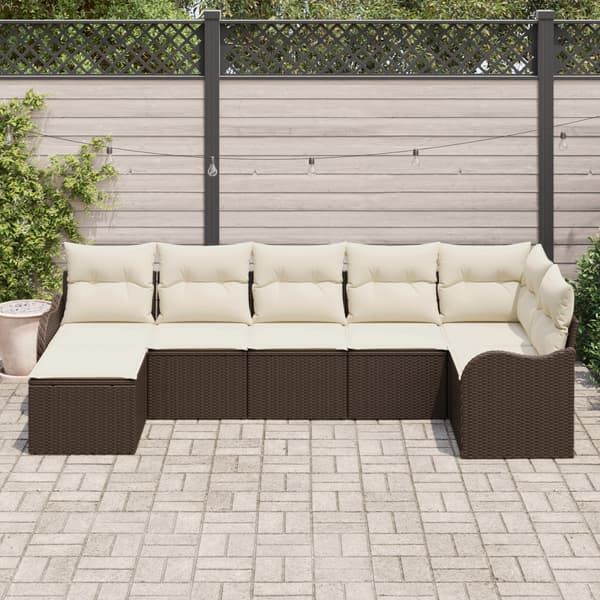 Trädgårdsoffset med kudde 7 pcs Brun och vit Poly rattan