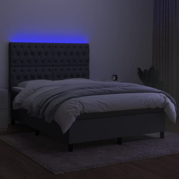 Ramsäng med madrass & LED mörkgrå 140x200 cm tyg