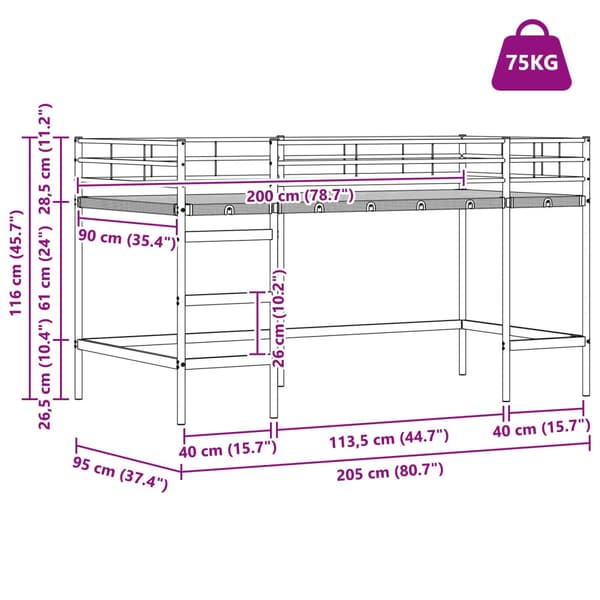 Barns loft sängram Vit 90 x 200 cm Stål