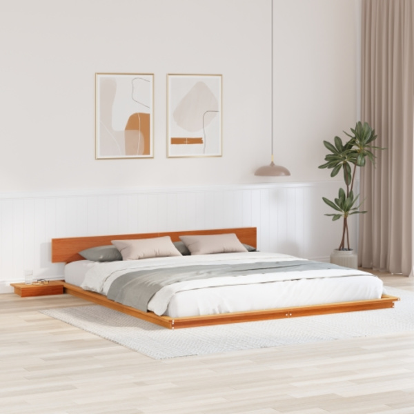 Golvsängram med sängbord vaxad brun 200x200cm massivt trä
