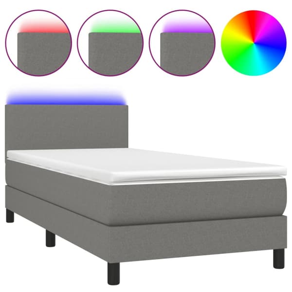 Ramsäng med madrass & LED mörkgrå 100x200 cm tyg