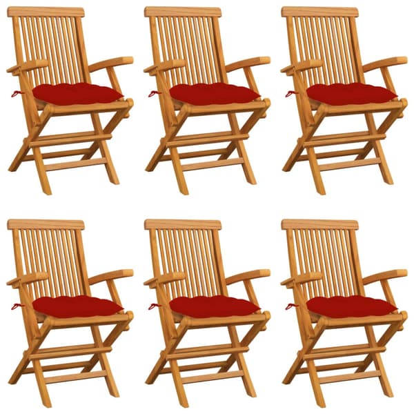 Trädgårdsstolar med röda dynor 6 st massiv teak