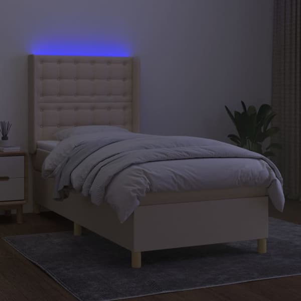 Ramsäng med madrass & LED gräddvit 80x200 cm tyg
