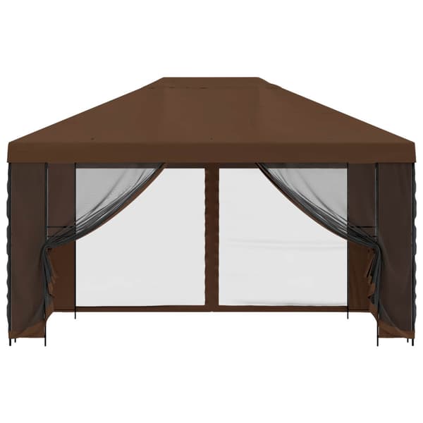 Trädgårdsgazebo med sidoväggar 4 × 3 m Brun Polyester och Stål