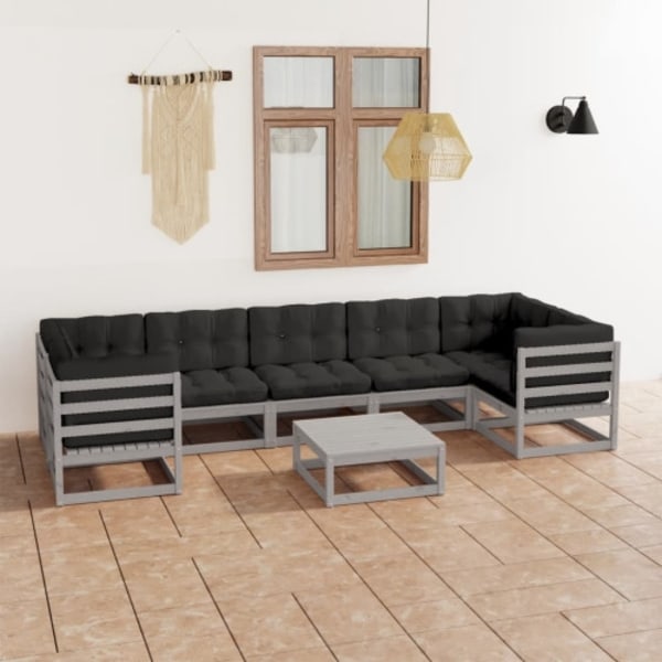 Loungegrupp med dynor 8 delar grå massiv furu