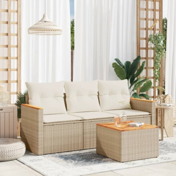 Soffgrupp för trädgård med dynor 4 delar beige konstrotting