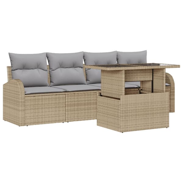 Trädgårdsoffset med kudde med kudde 5 pcs Beige Poly Rattan