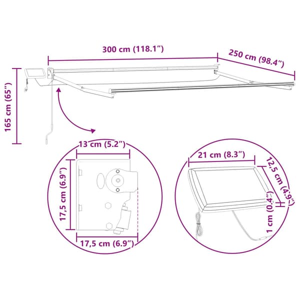 Manuell utdragbar markis med LED-lampor 3 x 2,5 m