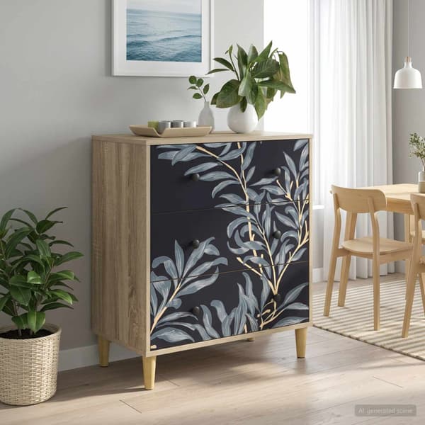 Kommode DOKKUM Blå ormbunkstryck 66 x 36,5 x 75 cm Sonoma-ek